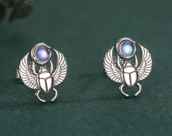 Sterling Silver Scarab Beetle Stud Earrings with Lab Moonstone – Egyptian Inspired Jewellery