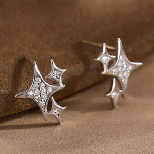 Sparkly Stars CZ Stud Earrings in Sterling Silver, Four Point Star Earrings, Silver or Gold, Three Star Earrings, Celestial Earrings
