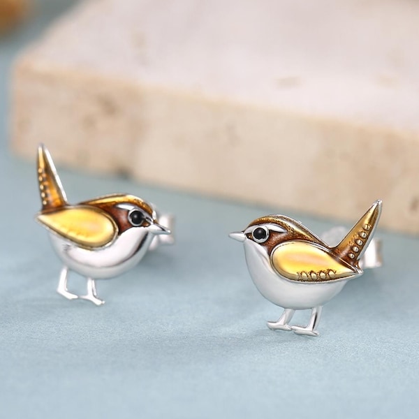 Srebrne kolczyki w kształcie maleńkiego ptaszka Wren, srebrne kolczyki Wren, urocze kolczyki Wróbel