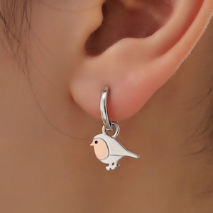Sterling Silber Robin Huggie Hoops, zweifarbige Hoop Ohrringe, Zierliche Ohrringe, Huggie Huggie Hoops, Rotkehlchen Ohrringe