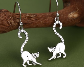 Sterling Silver Ring-Tailed Lemur Drop Earrings