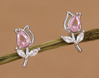 Sterling Silver Tulip Flower CZ Stud Earrings, Silver, Gold or Rose Gold, Pink Tulip Earrings, Floral Earrings, Blossom Earrings, Nature