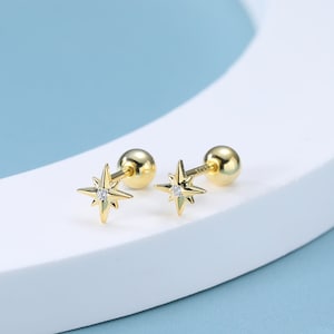 Starburst Screw Back Earrings in Sterling Silver, Star Barbell Earrings with CZ, Silver, Gold and Rose Gold, Screwback Earrings