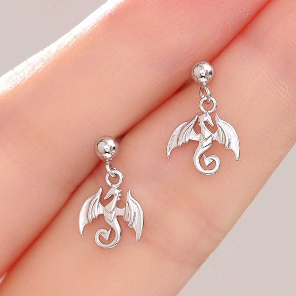 Tiny Dragon Drop Stud Earrings in Sterling Silver, Silver or Gold or Rose Gold, Sterling Silver Dragon Earrings