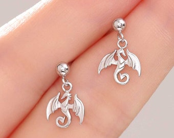 Tiny Dragon Drop Stud Earrings in Sterling Silver, Silver or Gold or Rose Gold, Sterling Silver Dragon Earrings