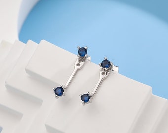 Double Sapphire Blue CZ Ear Jacket in Sterling Silver,  Silver or Gold, Front and Back Earrings, Two Part Earrings