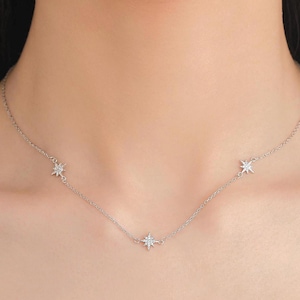 Starburst CZ Necklace in Sterling Silver, Silver or Gold or Rose Gold, Three Star Necklace, North Star Necklace, Sunburst Necklace, Star