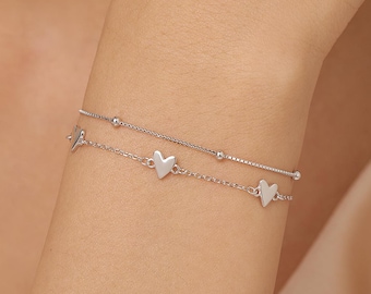 Double Layer Heart Bracelet in Sterling Silver, Silver or Gold or Rose Gold, Small Heart Bracelet, Silver Heart Bracelet, Tiny and Delicate
