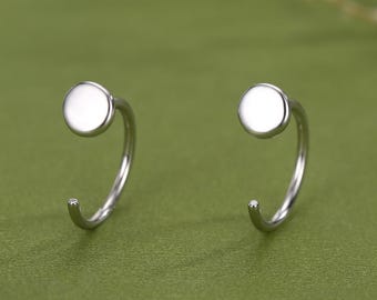 Tiny Dot Huggie Hoop Earrings in Sterling Silver, Circle Earrings, Open Hoop Earrings,  Pull-Through Threader Earrings, Half Hoop Earrings