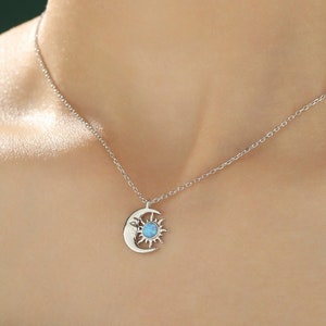 Blue Opal Moon and Star Pendant Necklace in Sterling Silver, Silver or Gold, Man in the Moon, Lab Opal Starburst Necklace