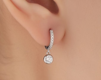 Tiny CZ Dangle Huggie Hoop in Sterling Silver, Silver or Gold, Skinny CZ Dangle Earrings, CZ Hoops