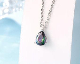 Collana con pendente a goccia nera mistica in zirconi cubici in argento sterling, collana con zirconi cubici taglio a pera, Aurora, Topazio mistico
