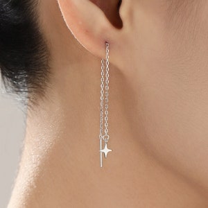 Four Point Star Threader Earrings in Sterling Silver, Silver or Gold, Star Ear Threaders