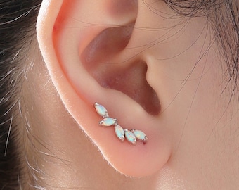 Boucles d’oreilles White Opal Marquise Cluster Crawler en argent sterling, Marquise Cluster Ear Climbers, Argent ou Or, Boucles d’oreilles Lab Opal