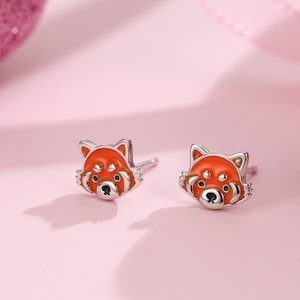 Brincos de panda vermelho esmaltados em prata esterlina, brincos de panda vermelho, brincos de panda vermelho, brincos de urso panda