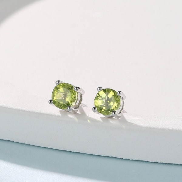 Sterling Silver Natural  Peridot Stud Earrings, 4mm Prong Set, Genuine Peridot Gemstone Stud, Minimalist Style, August Birthstone