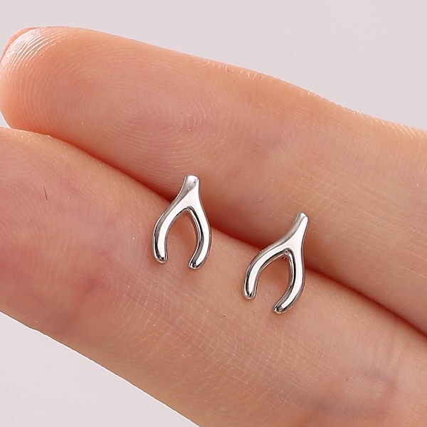 Winzige Wishbone Ohrstecker aus Sterling Silber, Silber, Gold oder Rosegold, kleine Glücksohrringe, geometrische Stapelohrringe