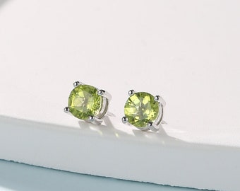 Sterling Silver Natural  Peridot Stud Earrings, 4mm Prong Set, Genuine Peridot Gemstone Stud, Minimalist Style, August Birthstone