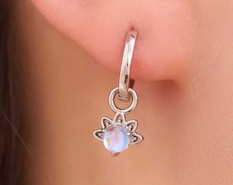 Sterling Silver Moonstone Crown Huggie Hoop Earrings, Prong Set Simulated Moonstone Earrings, Minimalist