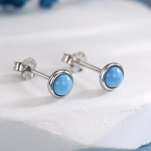 Sterling Silver Turquoise Stud Earrings, 3mm or 4mm, Colour Enhanced Blue Turquoise Gemstone Stud, Bezel, Minimalist December Birthstone