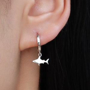 Tiny Shark Fish Huggie Hoop Earrings in Sterling Silver, Fish Earrings,Shark Fish Dangle Hoops, Fish Hoops, Ocean Animal Earrings