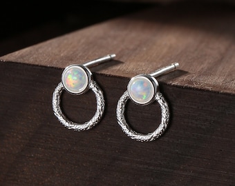 White Opal Double Circle Stud Earrings in Sterling Silver, Silver or Gold or Rose Gold, Lab Opal Earrings, Double Circle Fire Opal Stud