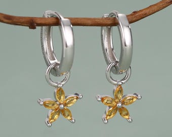 Sterling Silver Yellow CZ Flower Huggie Hoop Earrings