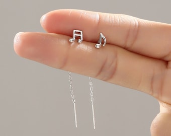 Mismatched Pair of Music Symbol Pull Through Threader Earrings in Sterling Silver, Silver, Gold or Rose Gold, Tiny Music Note Ear Threaders