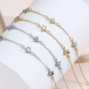 Starburst Charm Bracelet in Sterling Silver with Opal or Moonstone, Silver, Gold , North Star Bracelet, Sunburst Bracelet