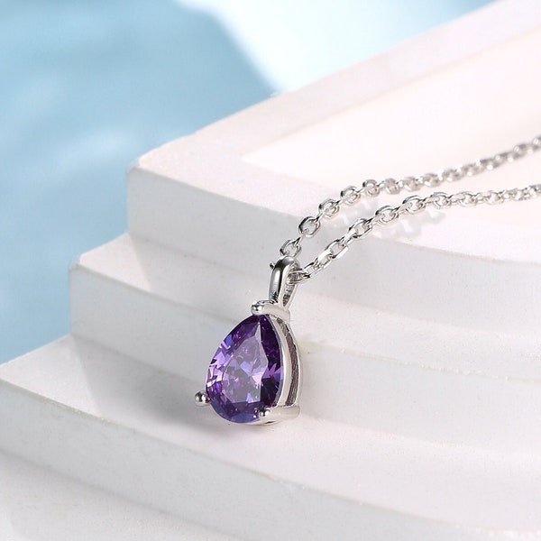 Amethyst Purple Droplet CZ Pendant Necklace  in Sterling Silver, Silver or Gold, Amethyst Purple Pear Cut CZ Necklace