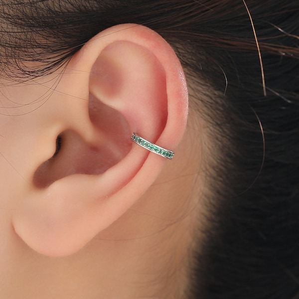 Emerald Green CZ Ear Cuff in Sterling Silver, Silver or Gold, Simple Piercing Free Earrings, Minimalist Ear Cuff,