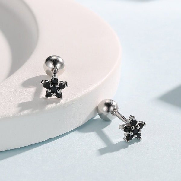 Black CZ Flower Screw Back Earrings in Sterling Silver, Forget Me Not Floral CZ Earrings, Silver or Gold, Flower CZ Earrings