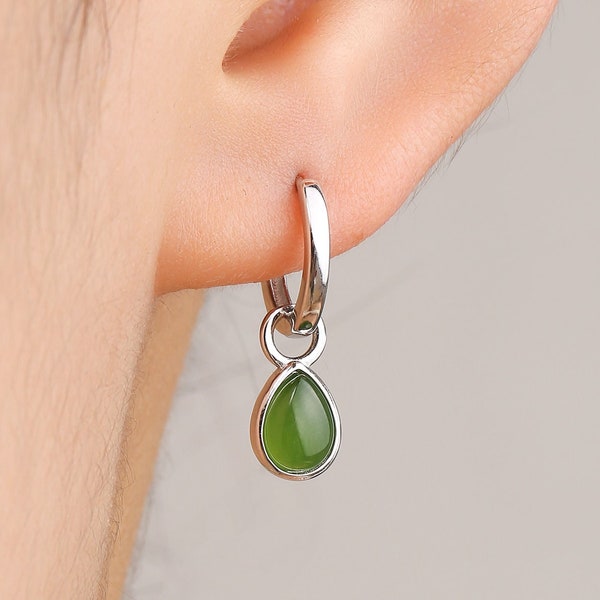 Sterling Silver Dangling Jade Droplet Hoop Earrings, Detachable Genuine Green Jade Charm Dangle Hoop Earrings, Silver or Gold,