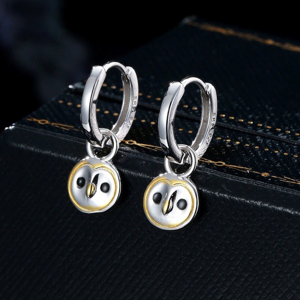 Super Cute Barn Owl Huggie Earrings in Sterling Silver -  Cute Baby Owl Huggie Hoops, Detachable Owl Charm Hoops