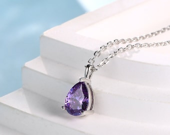 Amethyst Purple Droplet CZ Pendant Necklace  in Sterling Silver, Amethyst Purple Pear Cut CZ Necklace