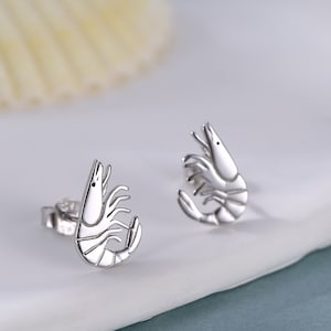 Prawn Stud Earrings in Sterling Silver, Silver or Gold or Rose Gold,  Shrimp Stud Earrings, Fish Earrings, Ocean Animal Earrings