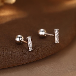Extra Tiny CZ Bar Screw Back / Stud Earrings in Sterling Silver, Silver or Gold or Rose Gold, Stacking Barbell Earrings, Helix Earrings