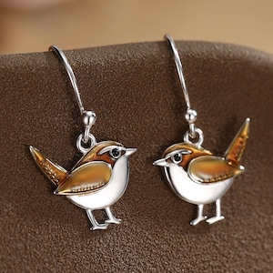 Sterling Silber Zaunkönig Vogel Tropfen Haken Ohrringe Ohrringe, Silber Zaunkönig Ohrringe, niedliche Spatz Ohrringe