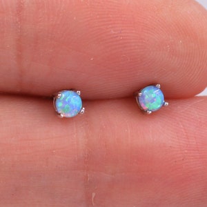 Minimalist Opal Stud Earrings in Sterling Silver, Simulated White or Blue Opal, Tiny Circle Dot Jewellery