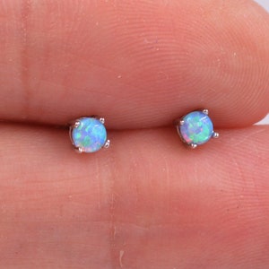 Minimalist Opal Stud Earrings in Sterling Silver, Simulated White or Blue Opal, Tiny Circle Dot Jewellery