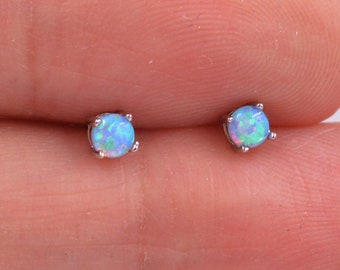 Minimalist Opal Stud Earrings in Sterling Silver, Simulated White or Blue Opal, Tiny Circle Dot Jewellery