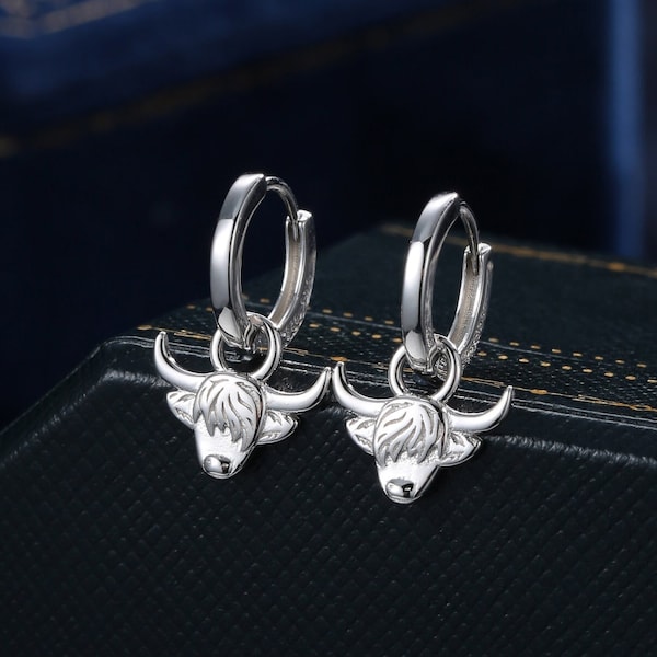 Highland Cow Huggie Hoops in Sterling Silver, Silver or Gold or Rose Gold, Highland Cow Earrings, Detachable Hoops