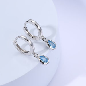 Tiny Aquamarine Blue Droplet CZ Huggie Hoop Earrings in Sterling Silver, Geometric Hoop Earrings