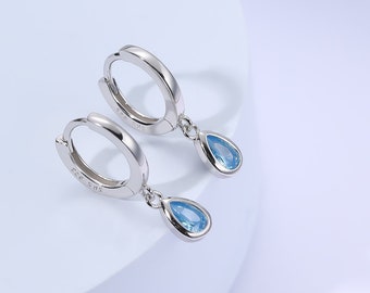 Tiny Aquamarine Blue Droplet CZ Huggie Hoop Earrings in Sterling Silver, Geometric Hoop Earrings