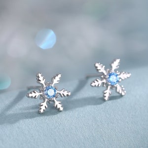 Blue Snowflake Earrings for Women Girls Sterling Silver Diamond Christmas Winter Earrings Cubic Zirconia Dainty Winter Holiday Snowflake Jewelry