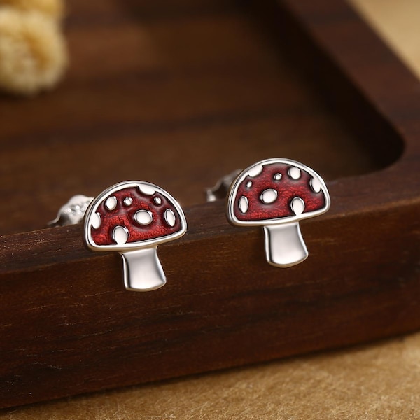 Mushroom Stud Earrings in Sterling Silver, Hand Painted Enamel, Fly Agaric, Nature Inspired Plant Earrings, Fungus Earrings