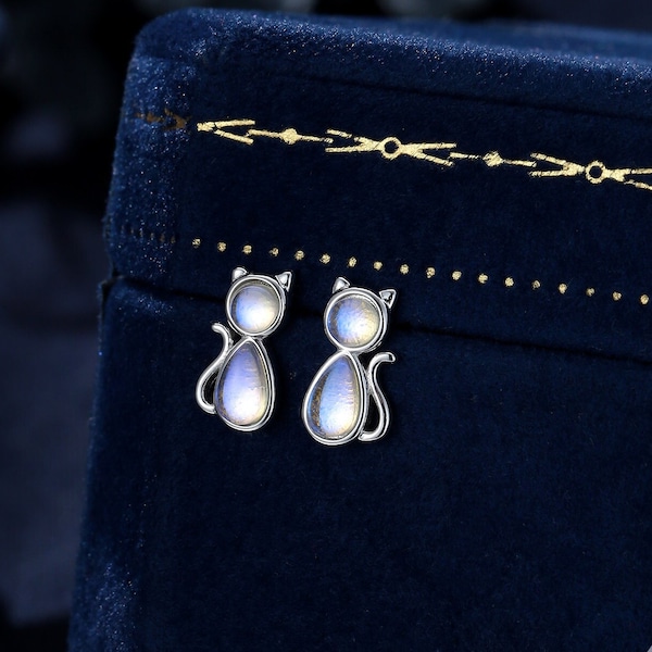 Moonstone Cat Stud Earrings in Sterling Silver, Lab Moonstone Cat Earrings, Silver or Gold or Rose Gold, Kitty Cat Earrings, Cat Lover Gift