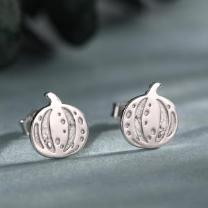 Könnte beinhalten: Ein Paar silberne Kürbis-Ohrstecker. Jeder Ohrring hat ein detailliertes Kürbis-Design mit Stiel und geschnitzten Abschnitten. Die Ohrringe sind vor einem gedämpften tealfarbenen Hintergrund mit verschwommenem grünem Laub.