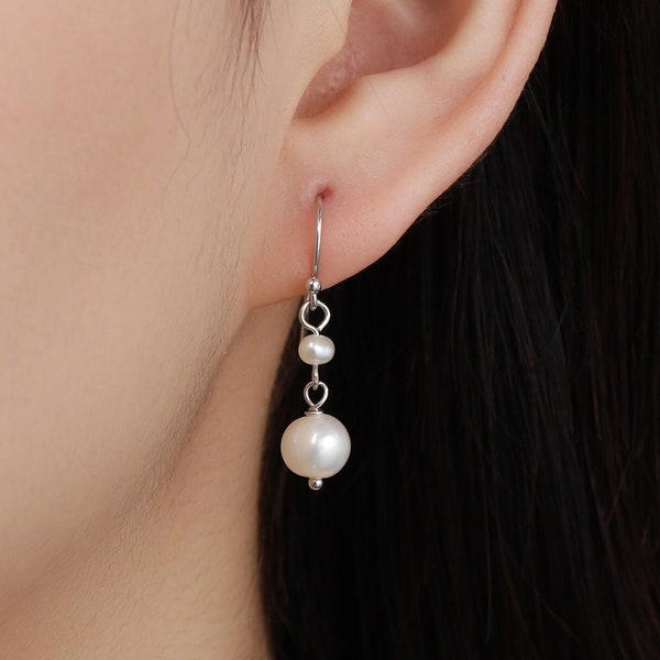 Genuine Freshwater Double Pearl Drop Hook Earrings in Sterling Silver, Delicate Keshi Pearl Earrings, Double Pearl Dangle Earrings