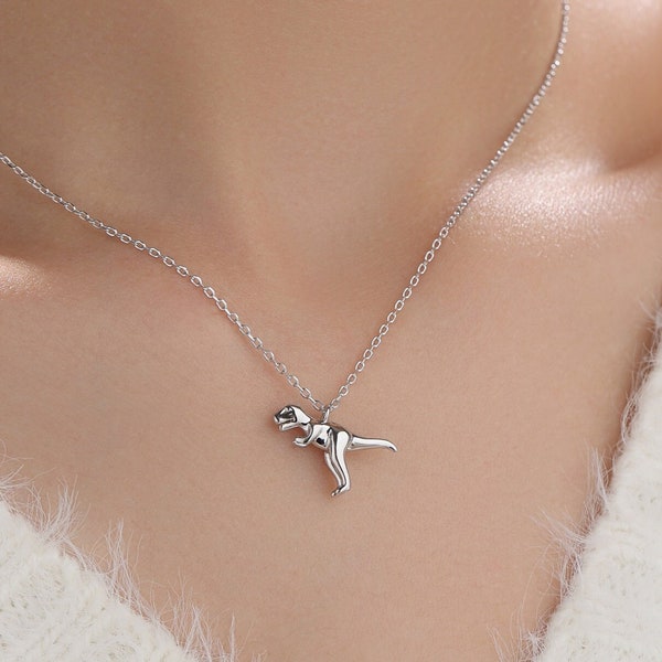 Small T-Rex Dinosaur Pendant Necklace in Sterling Silver, Silver or Gold or Rose Gold, Dinosaur Necklace